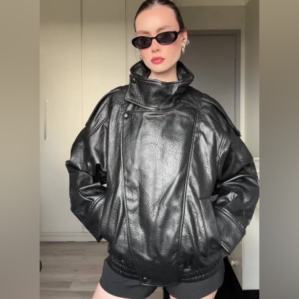 NWT | YSL viral Black Leather Jacket from Zara Women's Bomber M Medium